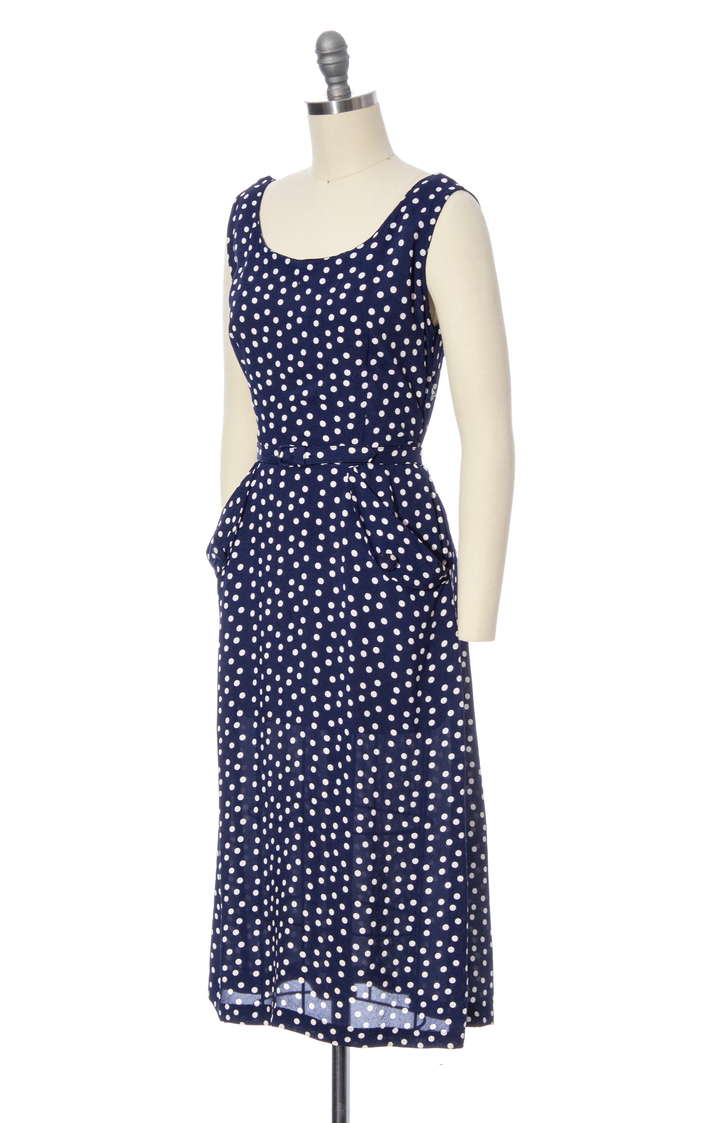 Vintage 50s 1950s Navy Blue Polka Dot Rayon Wiggle Dress with Pockets BirthdayLifeVintage