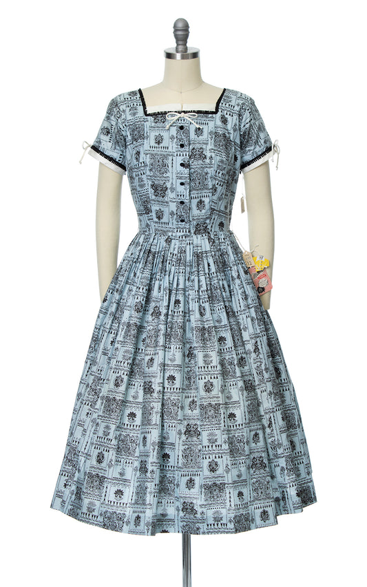 Vintage 1950s Novelty Printed Cotton Blue Dress Deadstock with Tags Birthday Life Vintage
