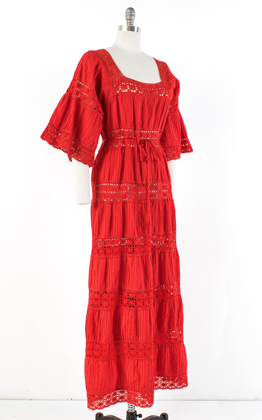 1970s Mexican Pintuck Cotton Crochet Red Maxi Dress | medium