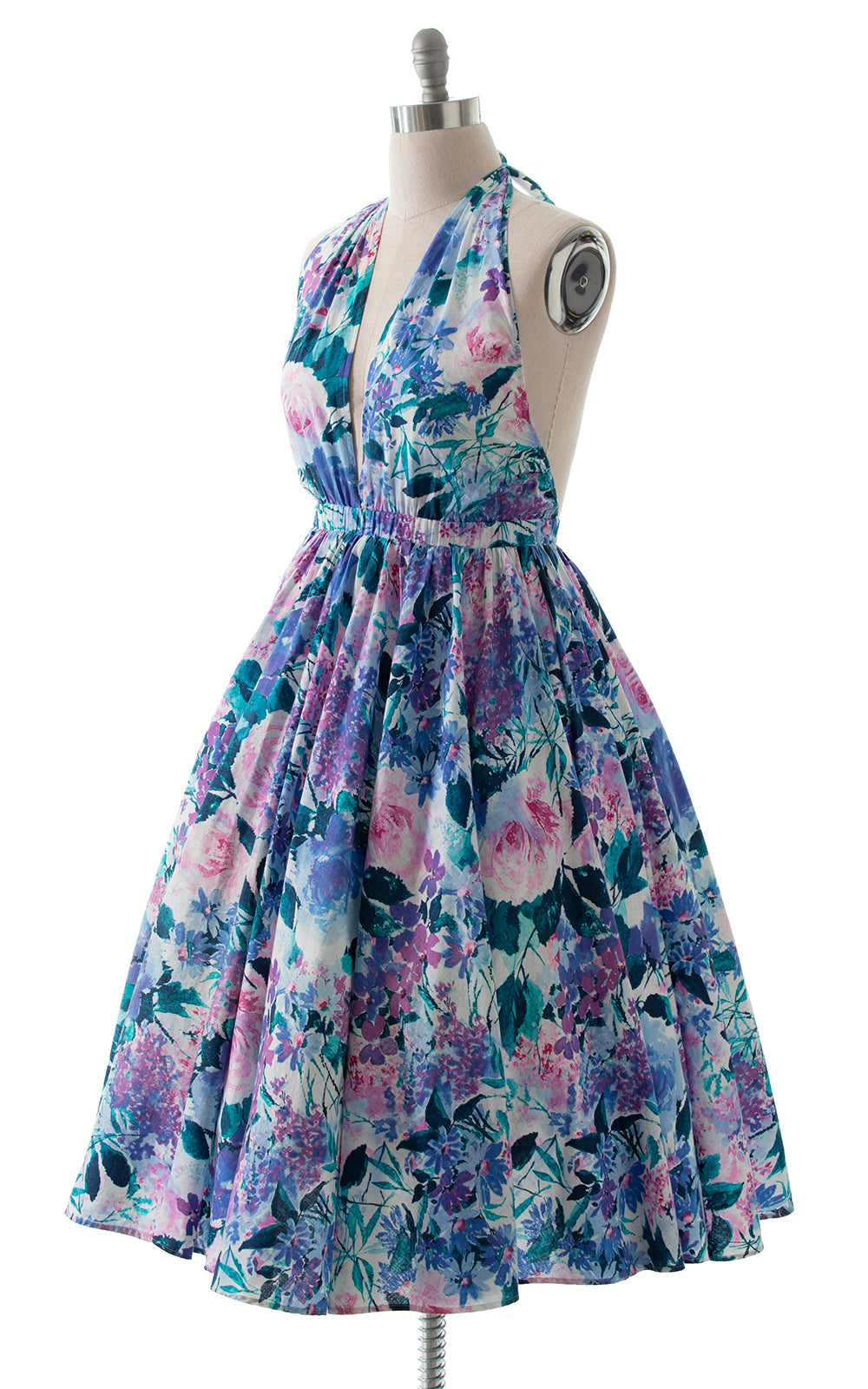 1980s Floral Halter Open Back Circle Skirt Sundress with Pockets BirthdayLifeVintage