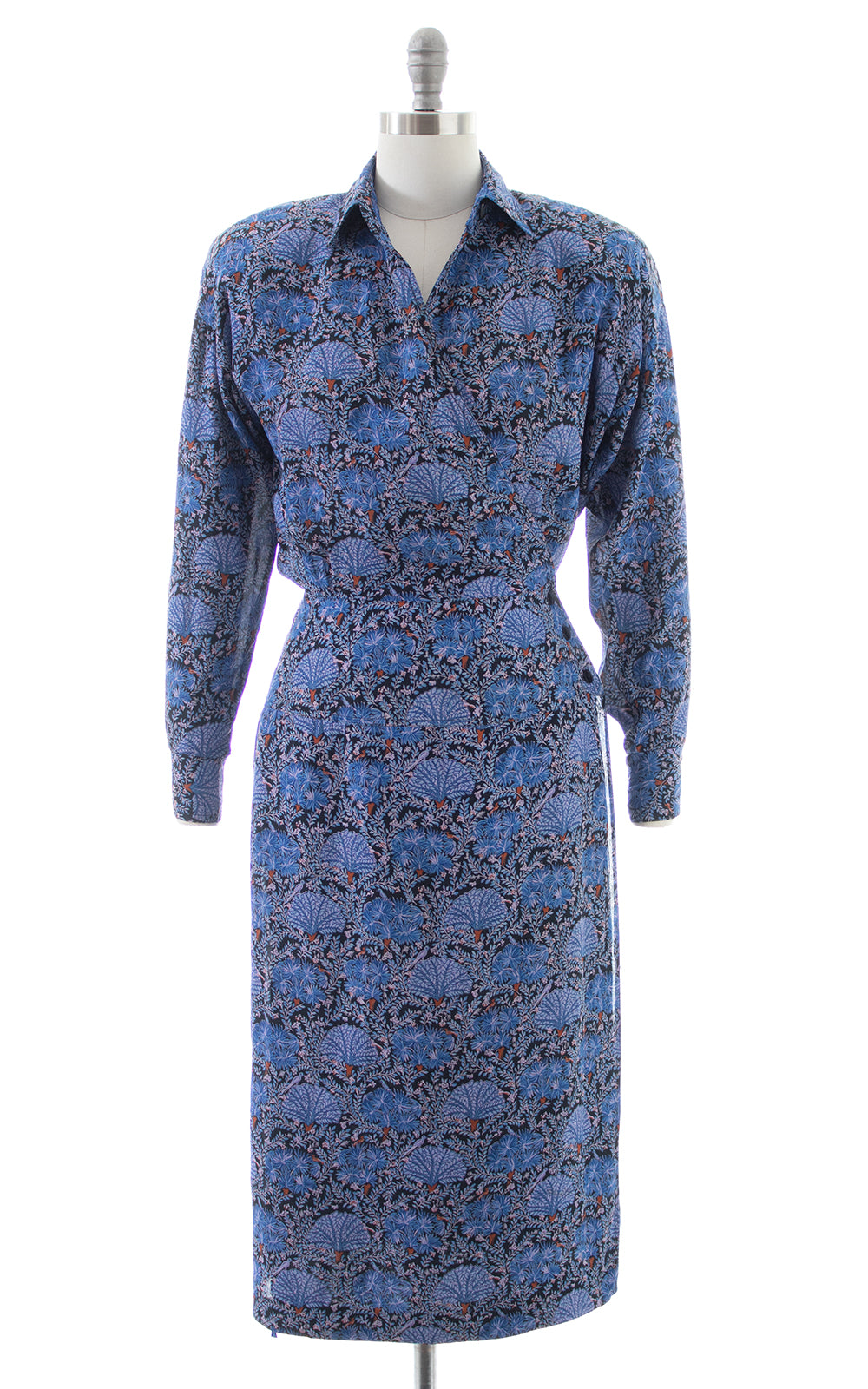 1980s Karin Stevens Birds & Plants Rayon Wrap Dress