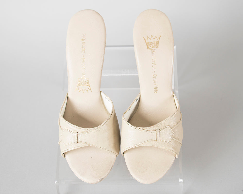 1960s Cream Wood Platform Open Toe Polly Style Heels | size 6