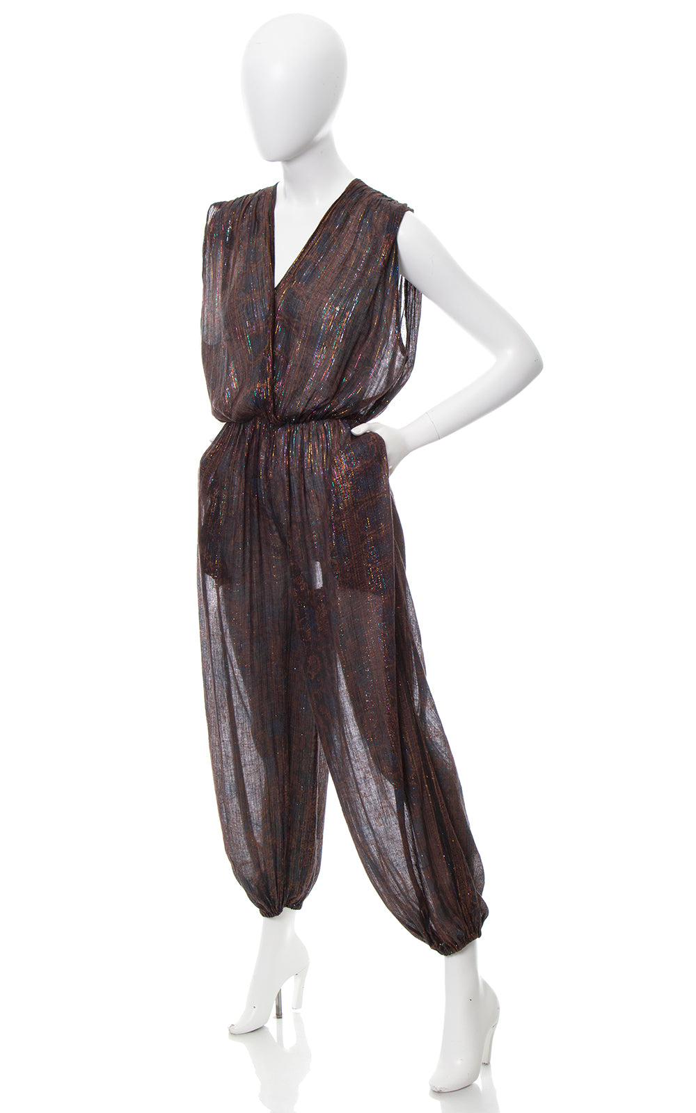 1970s Indian Cotton Metallic Rainbow Printed Sheer Jumpsuit | medium/large