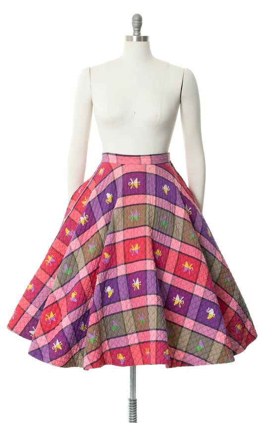 Vintage 1950s 50s Quilted Plaid Cotton Novelty Print Pink Purple Swing Circle Skirt | medium | Birthday Life Vintage