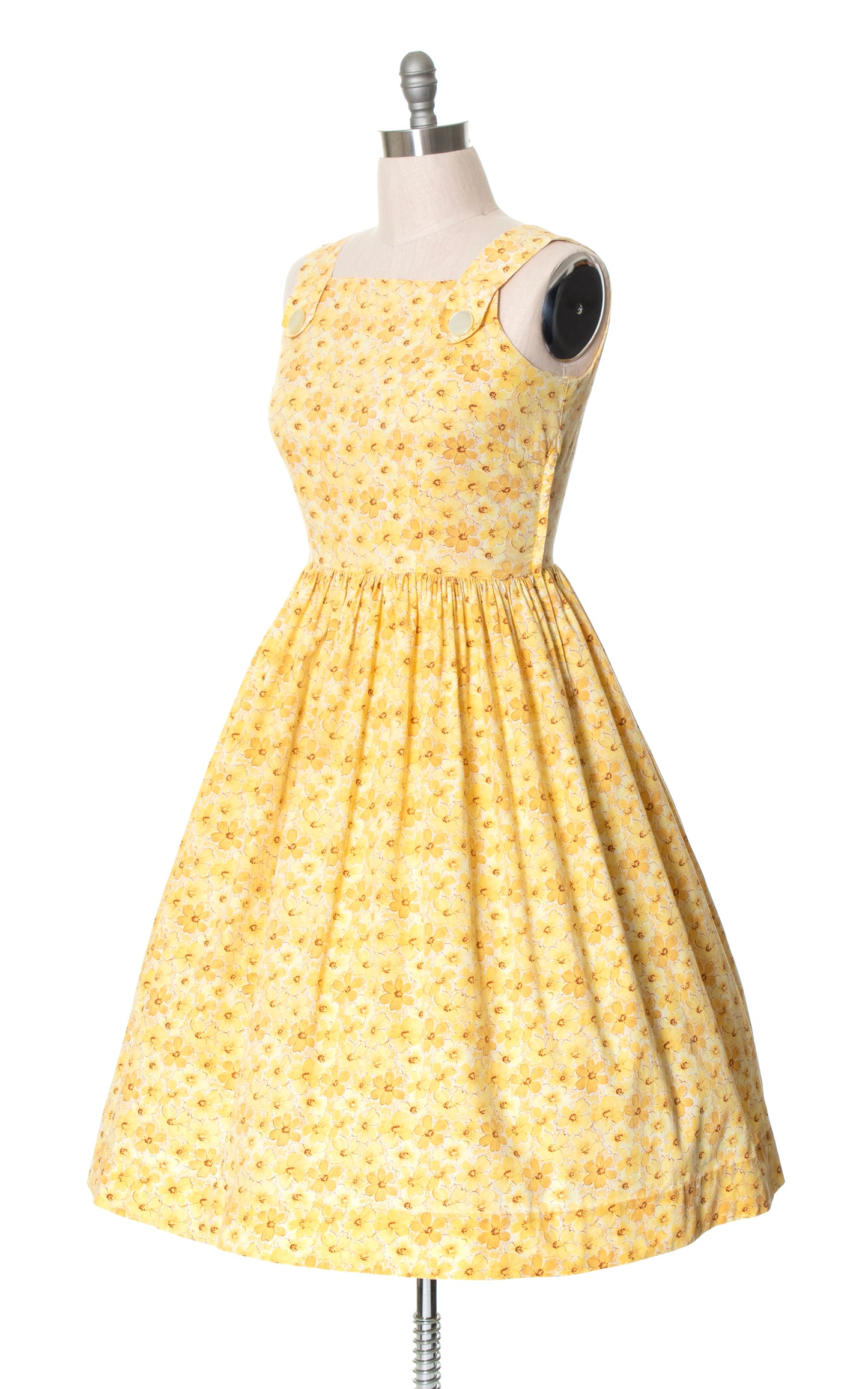 Vintage 50s 1950s Yellow Floral Cotton Sundress Fit and Flare Day Dress BirthdayLifeVintage