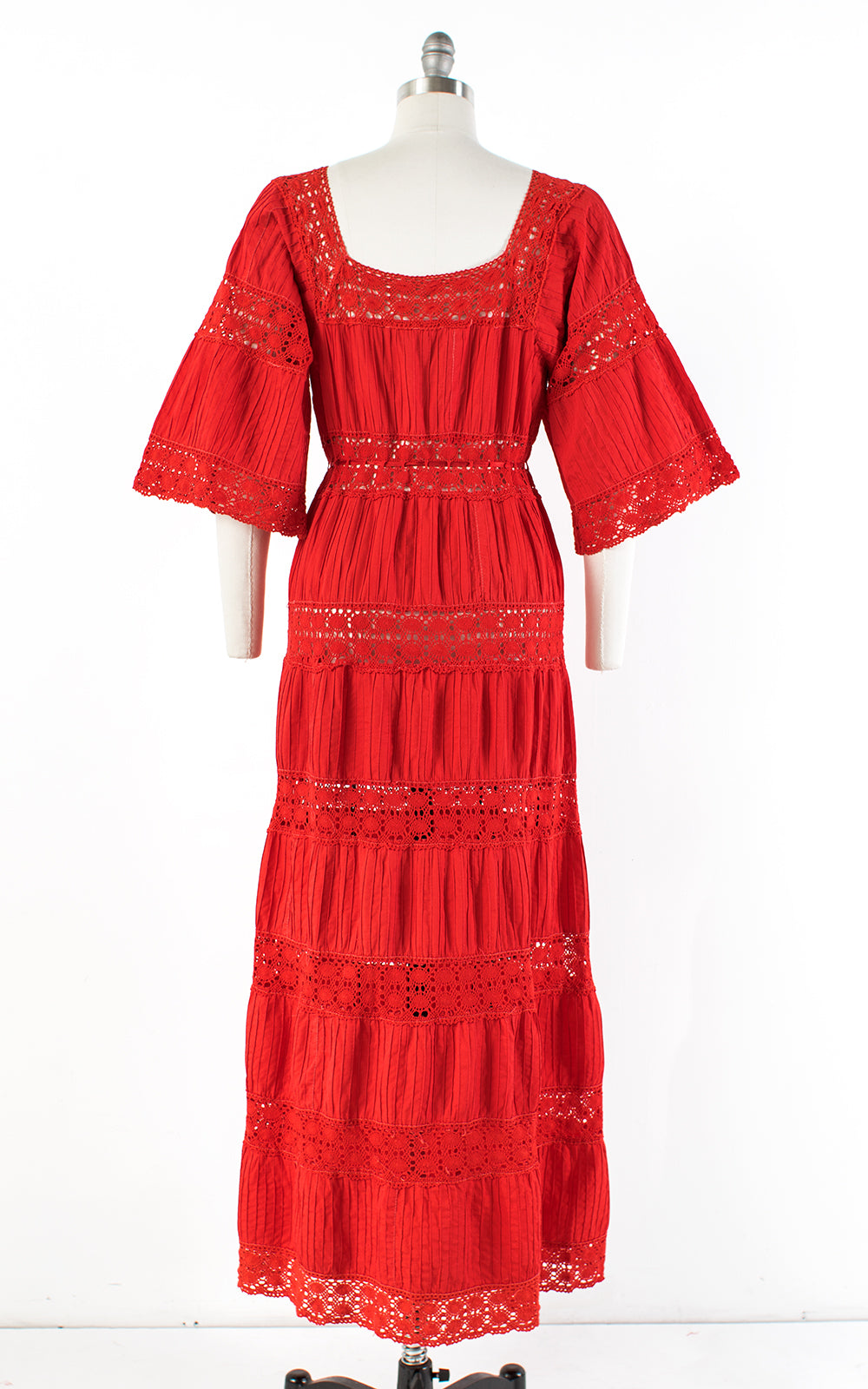 1970s Mexican Pintuck Cotton Crochet Red Maxi Dress | medium – Birthday ...