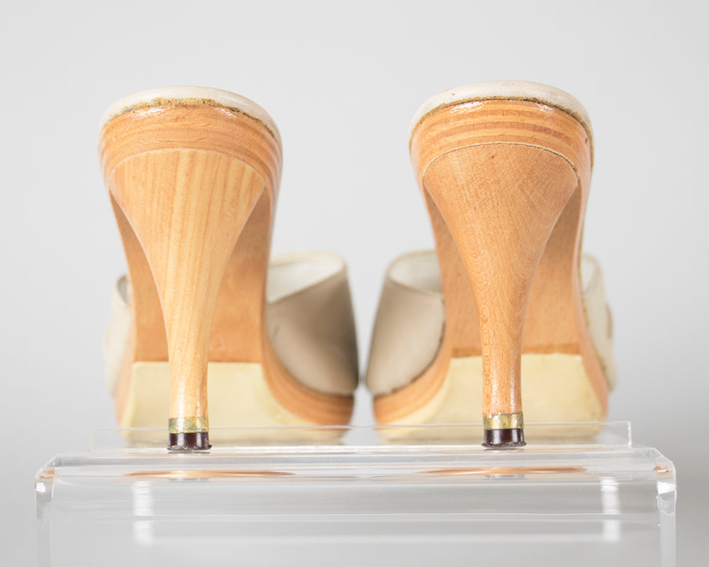 1960s Cream Wood Platform Open Toe Polly Style Heels | size 6