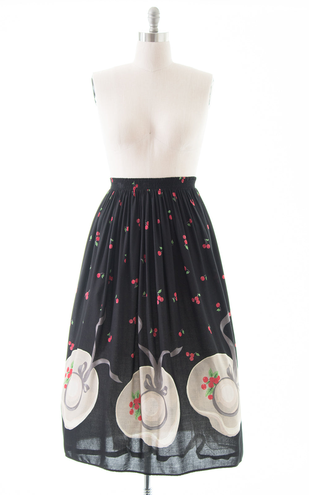 1990s does 1950s Hat & Cherries Novelty Border Print Rayon Skirt