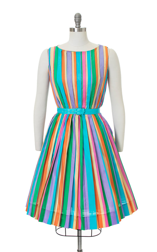 Vintage 1960s Rainbow Striped Pleated Fit and Flare Dress by Birthday Life Vintage