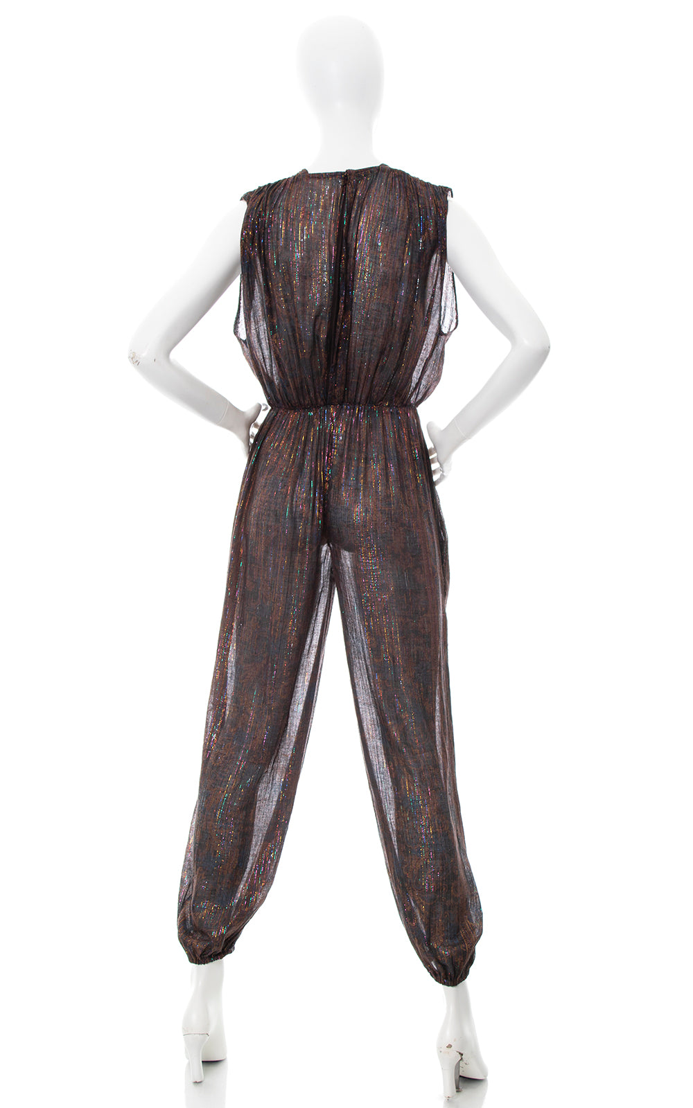 1970s Indian Cotton Metallic Rainbow Printed Sheer Jumpsuit | medium/large