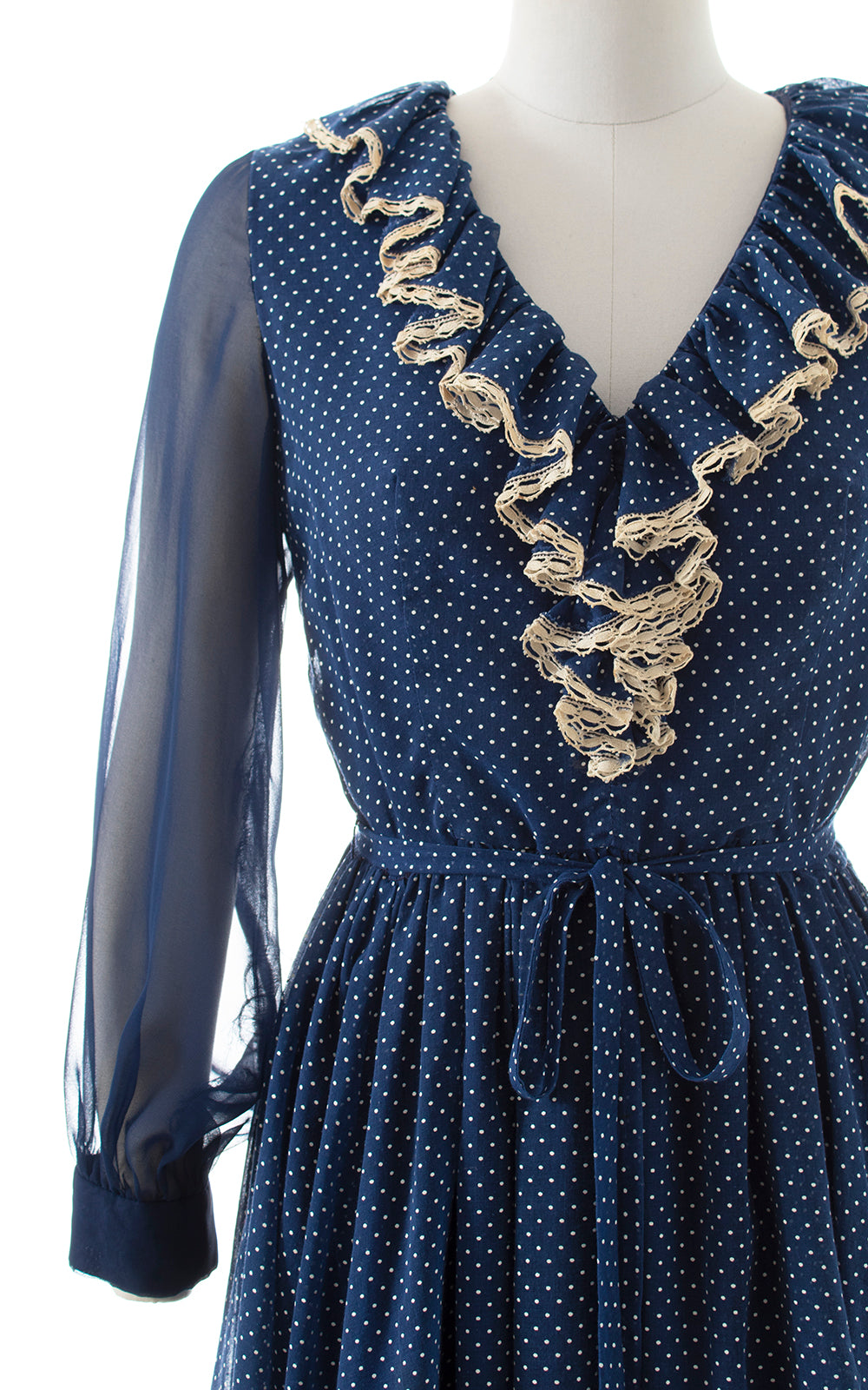 1970s Polka Dot Ruffled Sheer Sleeve Dress | medium