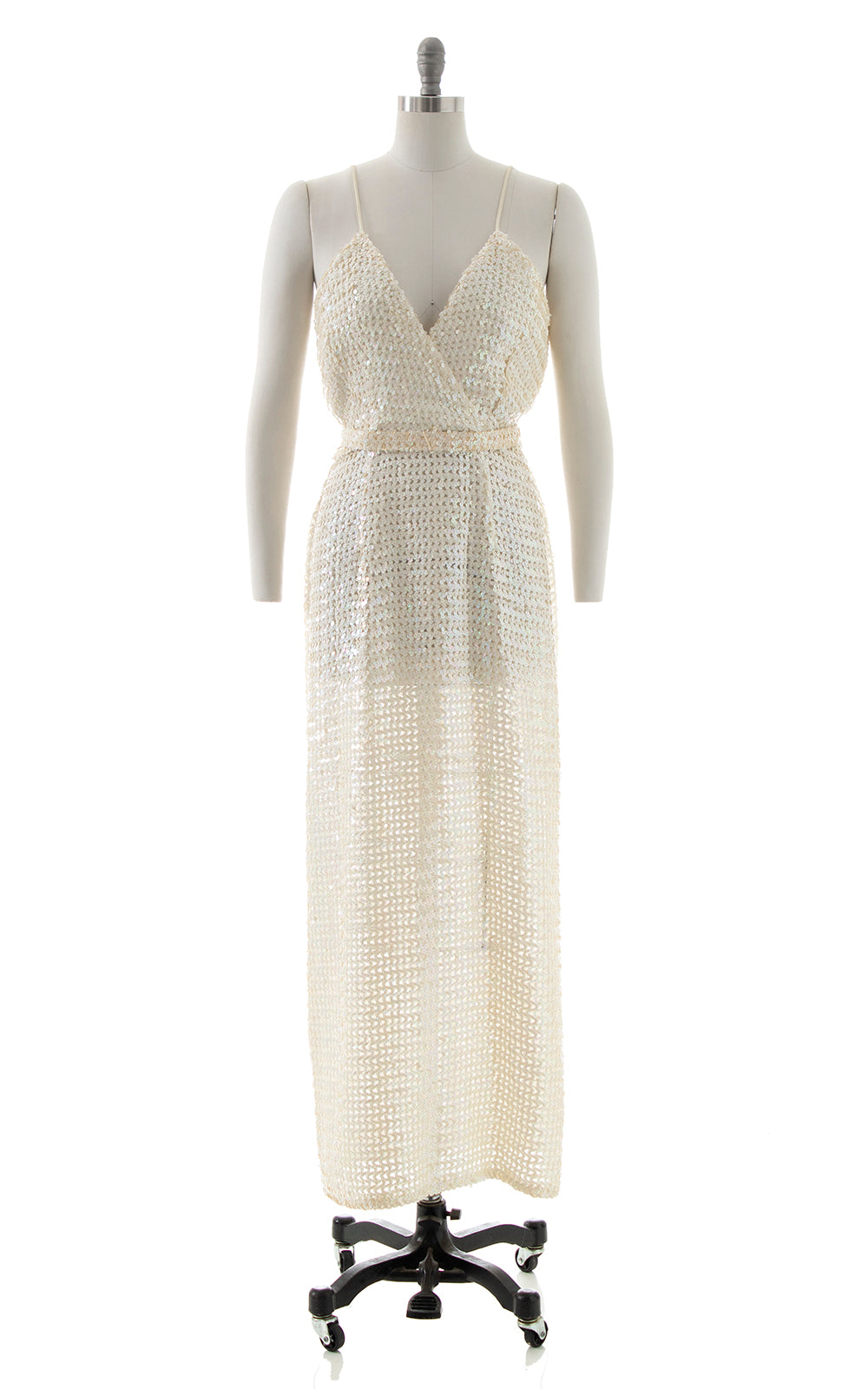 1970s White Sequin Maxi Party Dress | medium