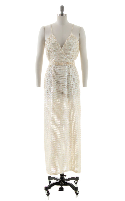 1970s White Sequin Maxi Party Dress | medium