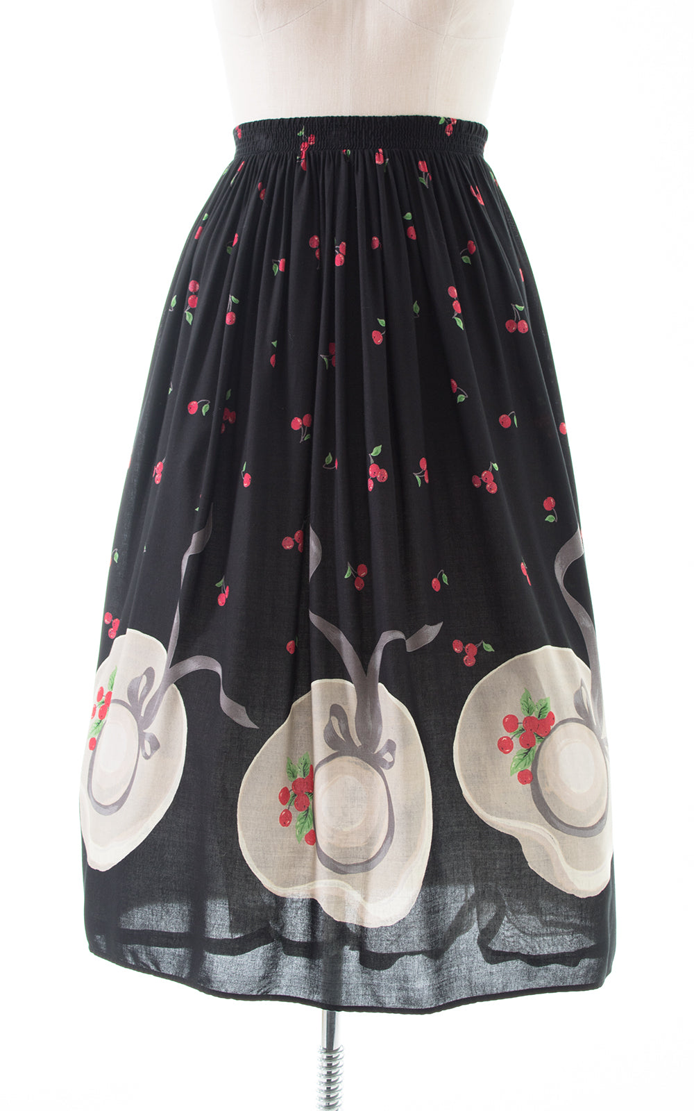 1990s does 1950s Hat & Cherries Novelty Border Print Rayon Skirt