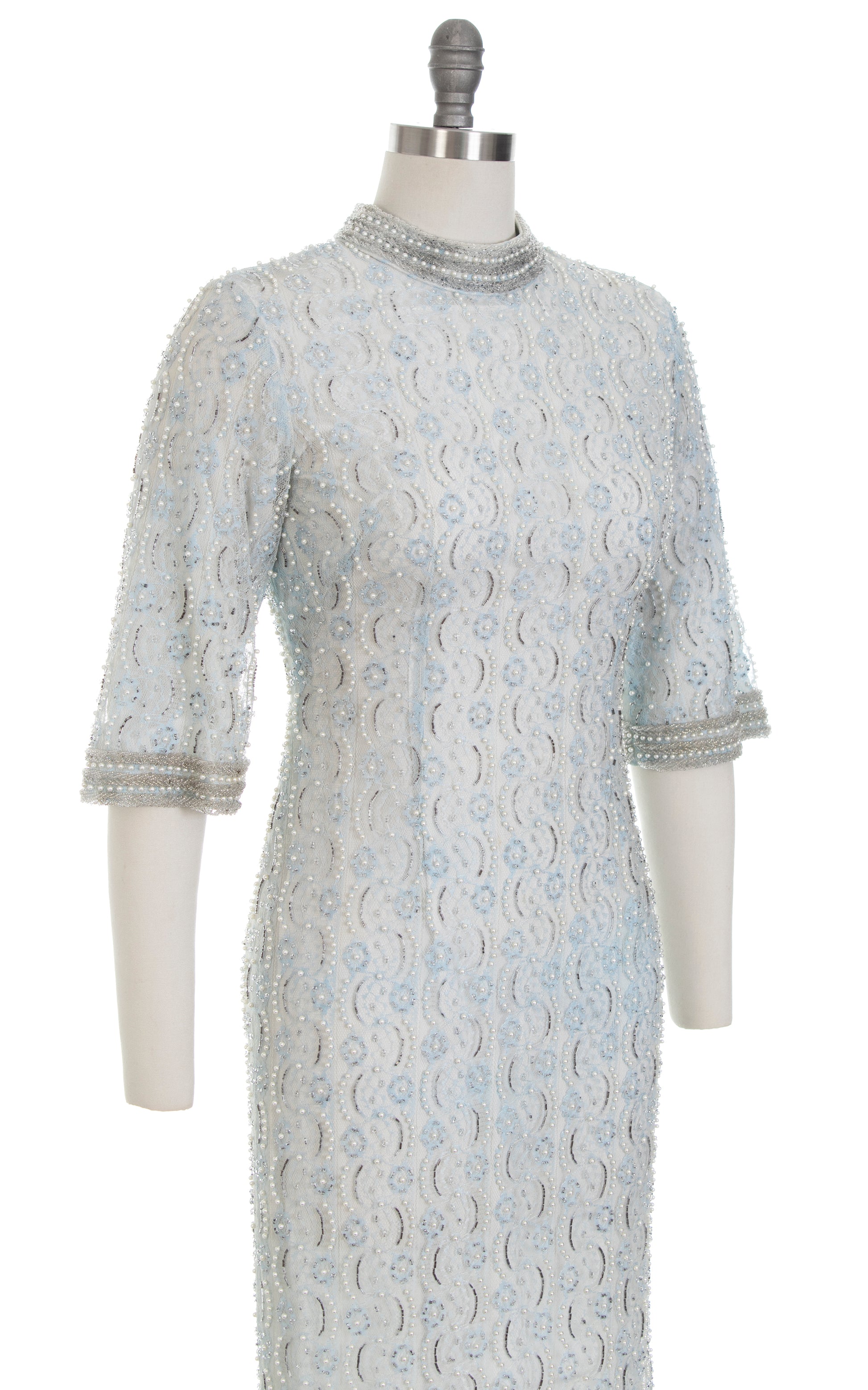 1960s Beaded Blue Lace Evening Gown | small Birthday Life Vintage 1960s Beaded Blue Lace Evening Gown | small Birthday Life Vintage