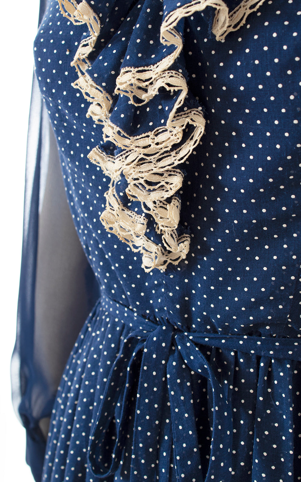 1970s Polka Dot Ruffled Sheer Sleeve Dress | medium
