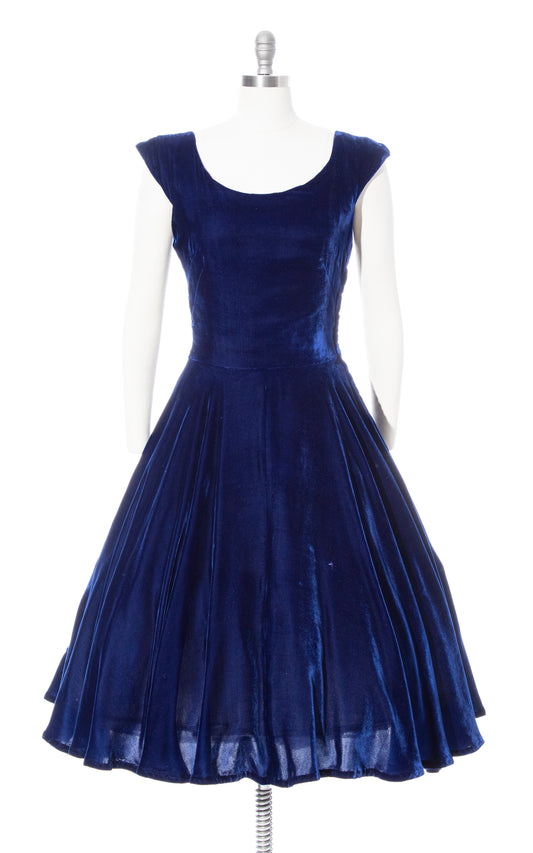 Vintage 50s 1950s Blue Velvet Fit and Flare Formal Full Skirt Party Dress BirthdayLifeVintage