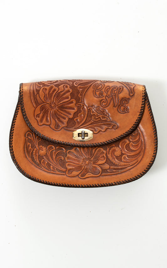1970s Floral Tooled Leather Clutch BirthdayLifeVintage