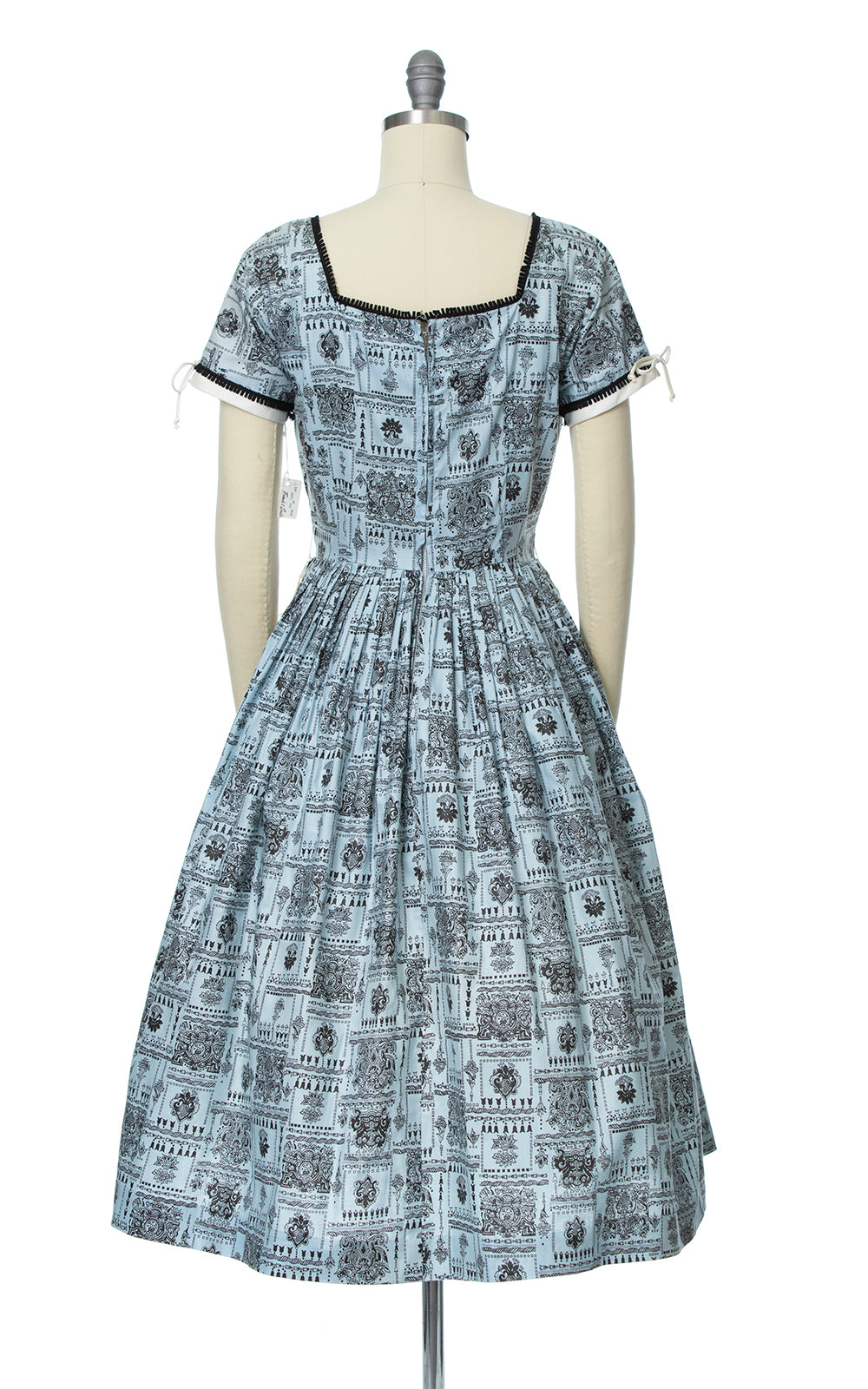 Vintage 1950s Novelty Printed Cotton Blue Dress Deadstock with Tags Birthday Life Vintage