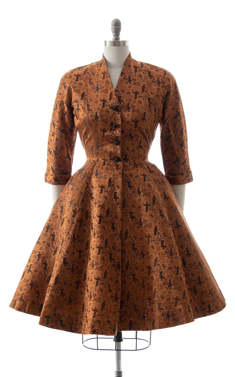 1950s Asian Motif Jacquard Shirt Dress BirthdayLifeVintage