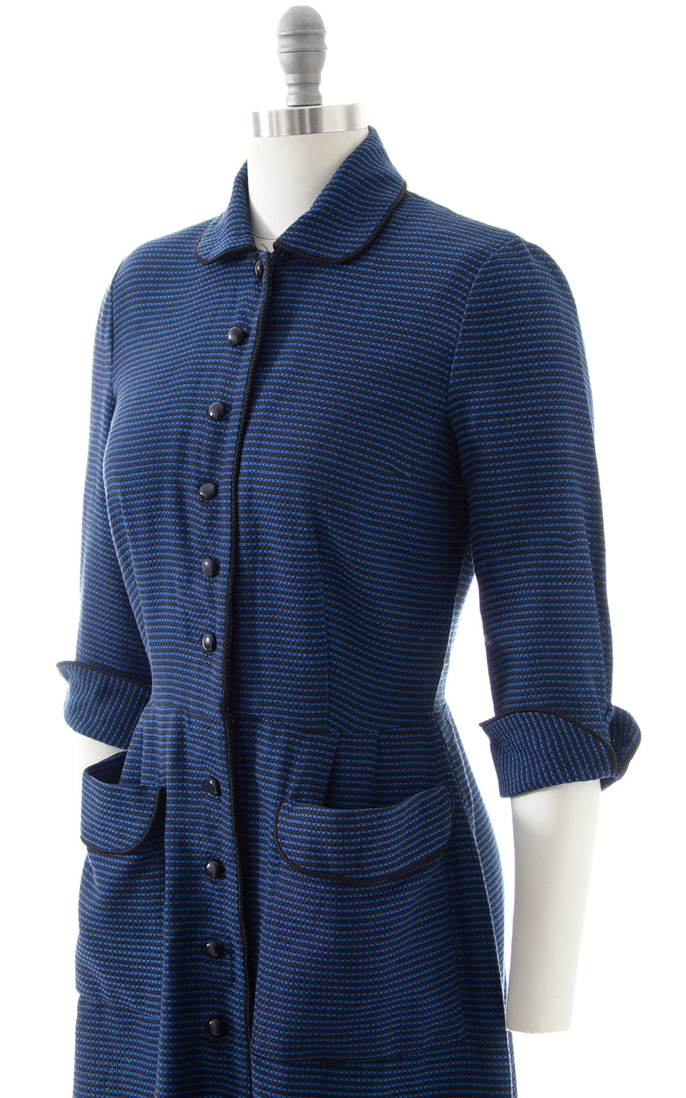 1950s Woven Blue Black Shirtwaist Dress | medium