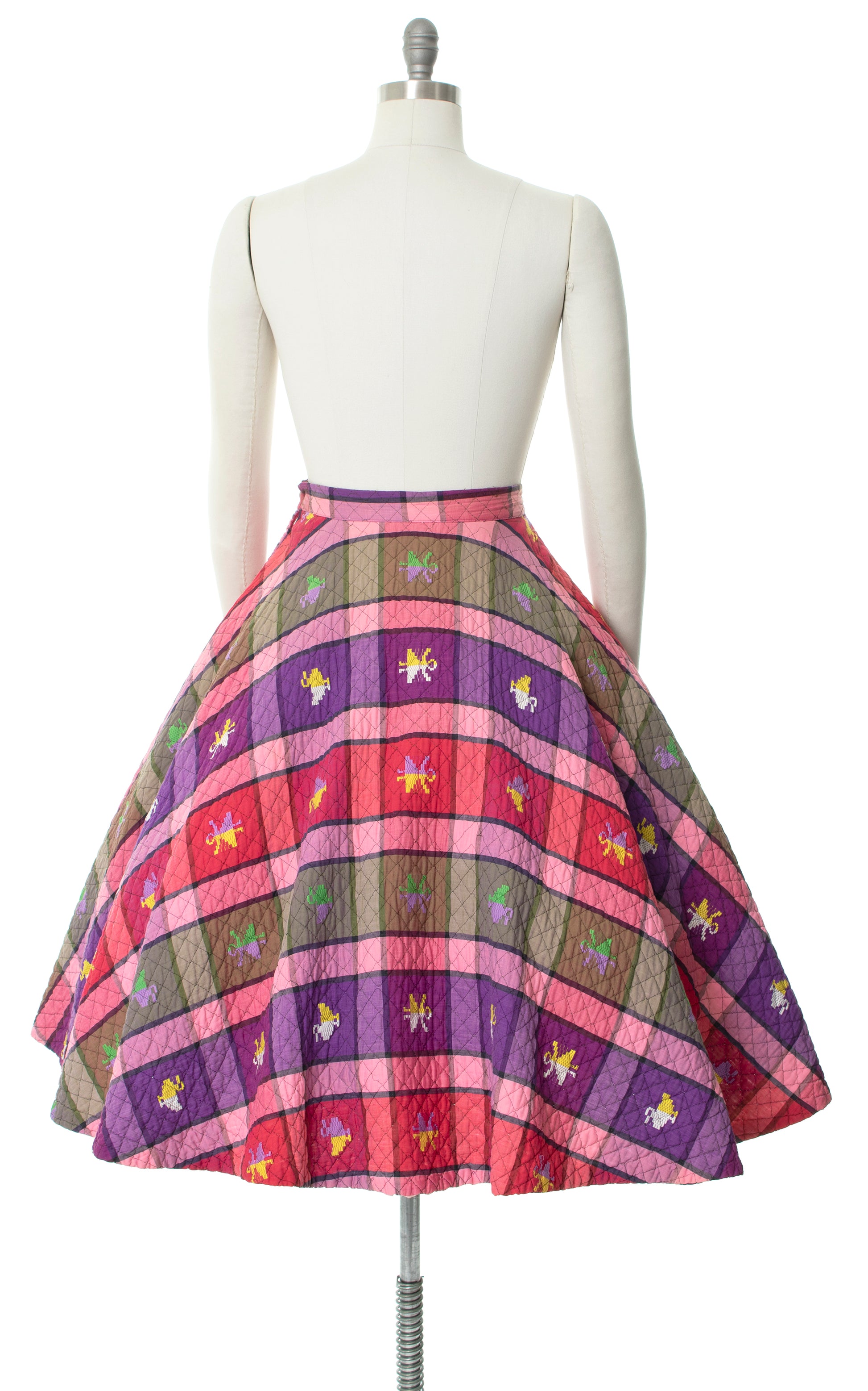 Vintage 1950s 50s Quilted Plaid Cotton Novelty Print Pink Purple Swing Circle Skirt | medium | Birthday Life Vintage