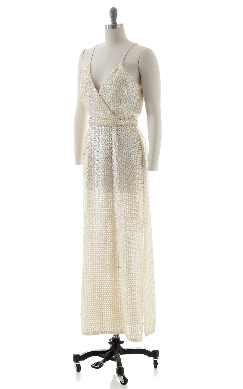 1970s White Sequin Maxi Party Dress | medium