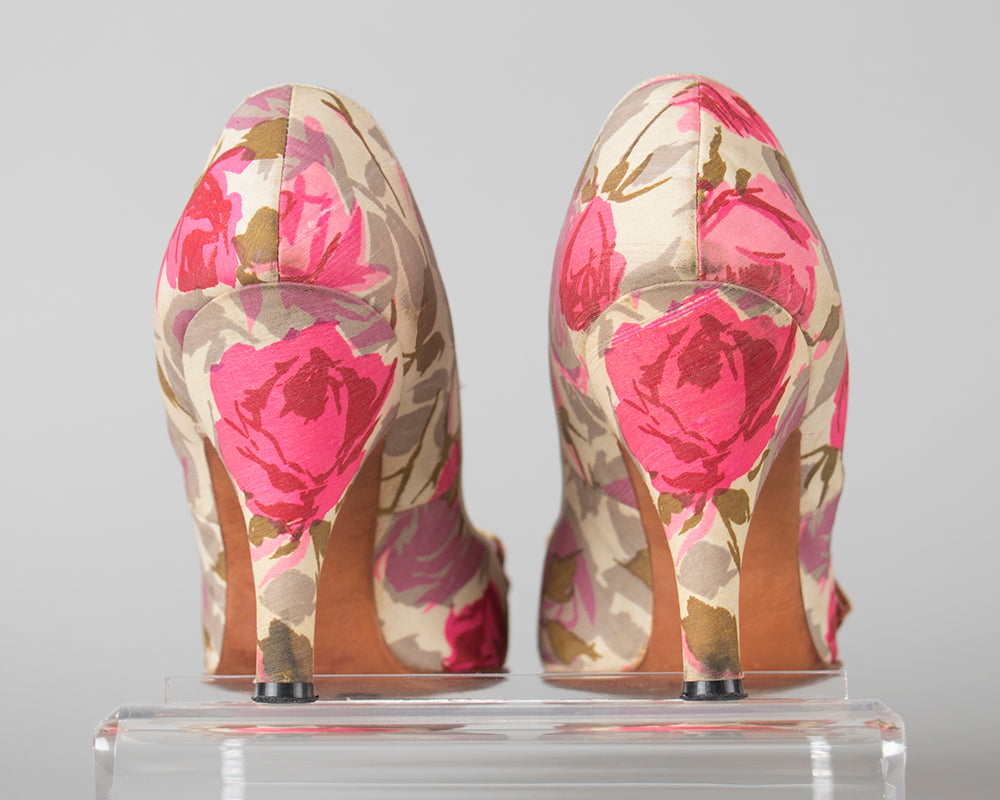 1950s Pink Silk Rose Heels | size 5/5.5