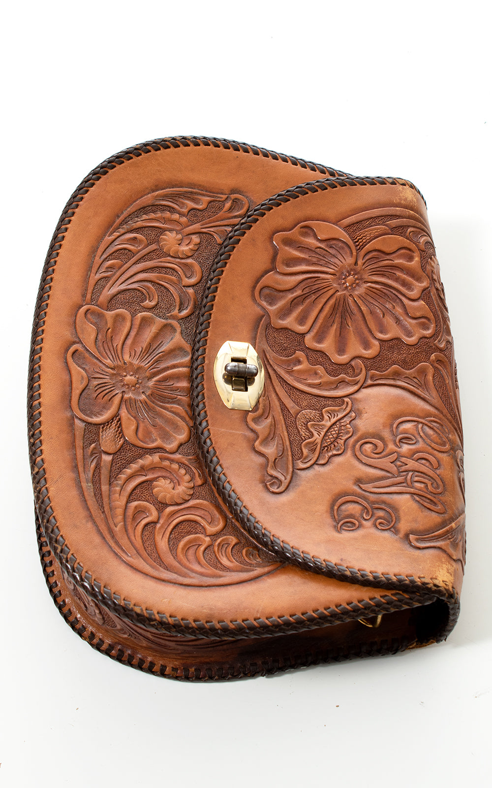 1970s Floral Tooled Leather Clutch BirthdayLifeVintage