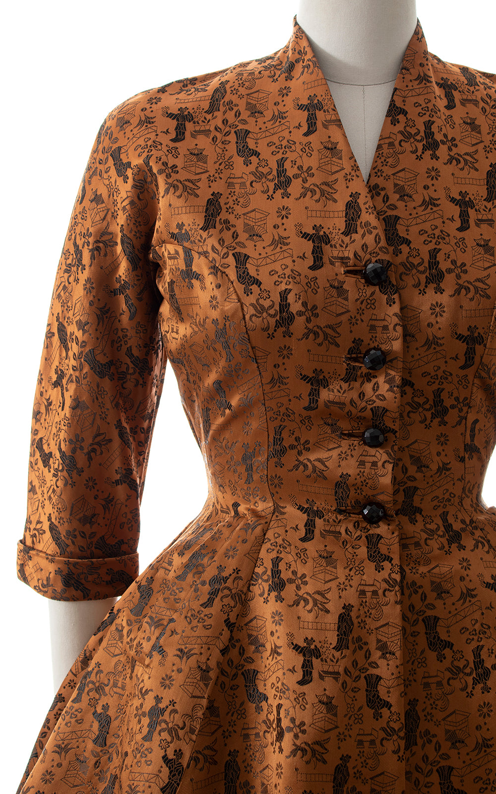 1950s Asian Motif Jacquard Shirt Dress BirthdayLifeVintage