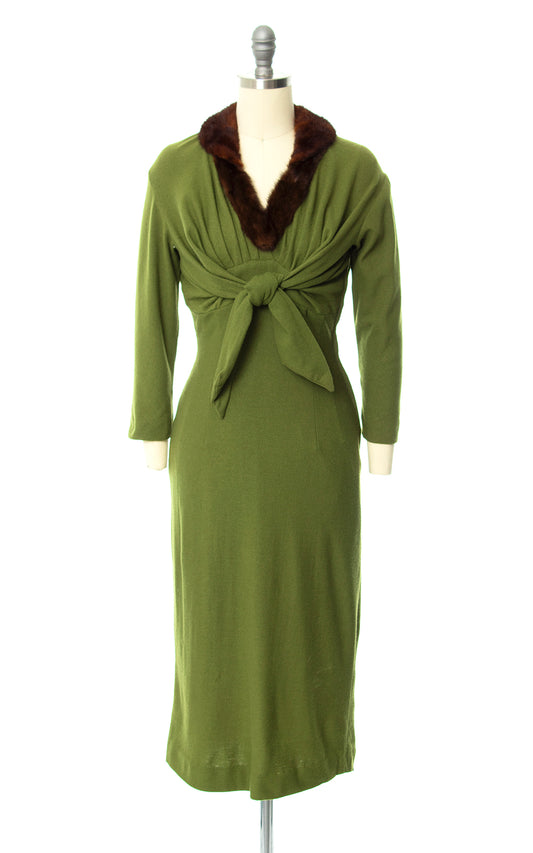 Vintage 1950s Mink Fur Trimmed Olive Green Wool Jersey Dress Birthday Life Vintage