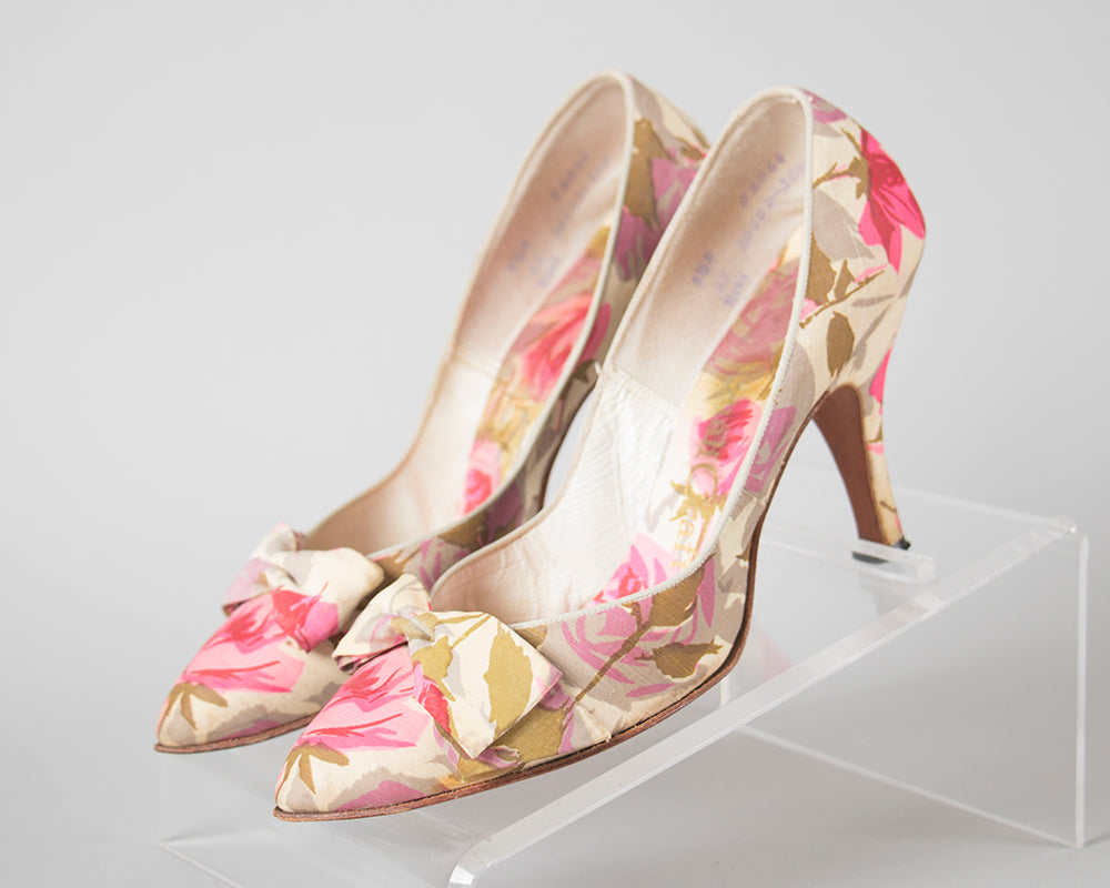 1950s Pink Silk Rose Heels | size 5/5.5