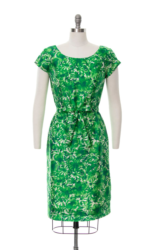 1950s Green Floral Silk Wiggle Dress | medium