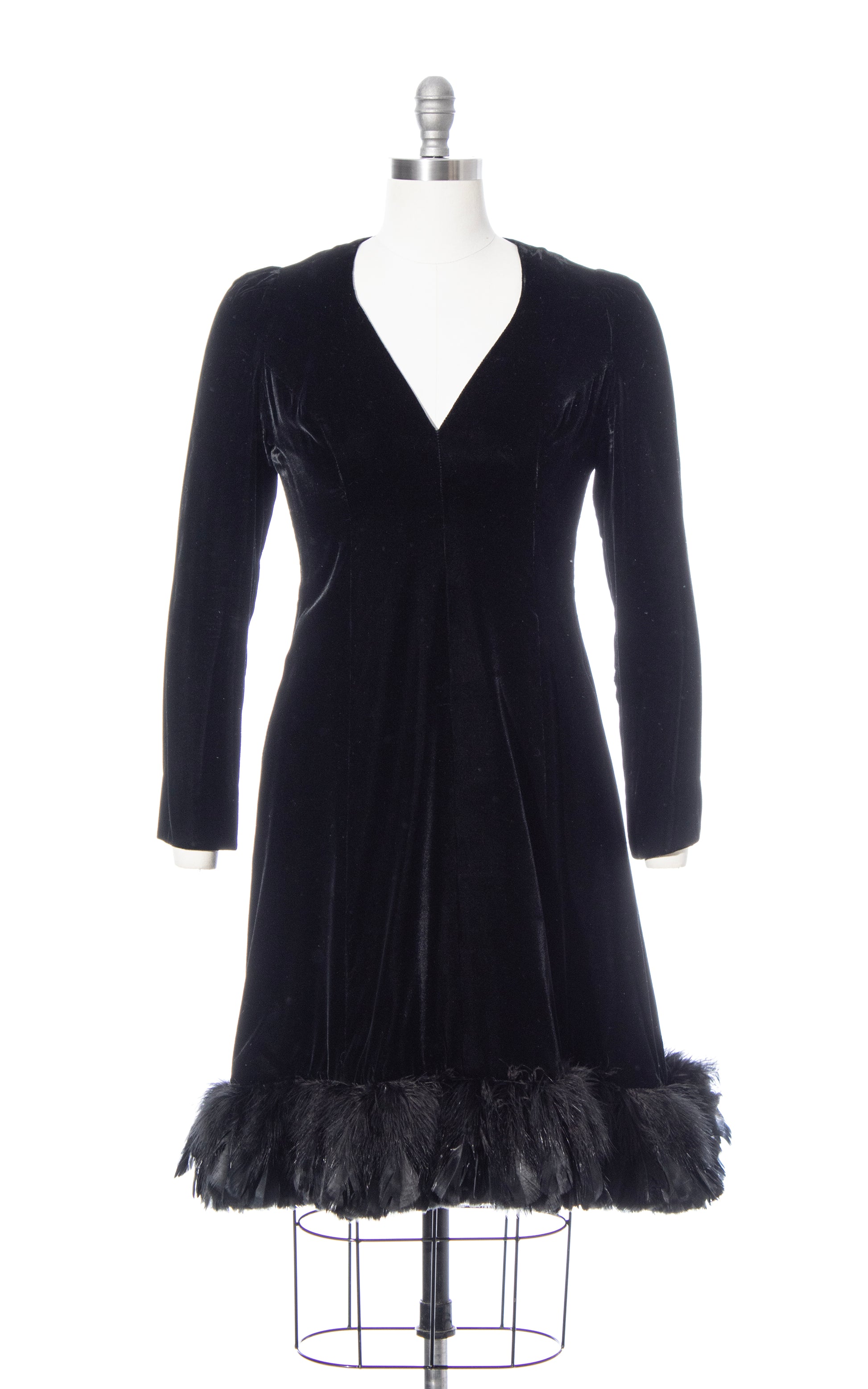 1960s MISS ELLIETTE Feathered Black Velvet Dress | small/medium Birthday Life Vintage 1960s MISS ELLIETTE Feathered Black Velvet Dress | small/medium Birthday Life Vintage