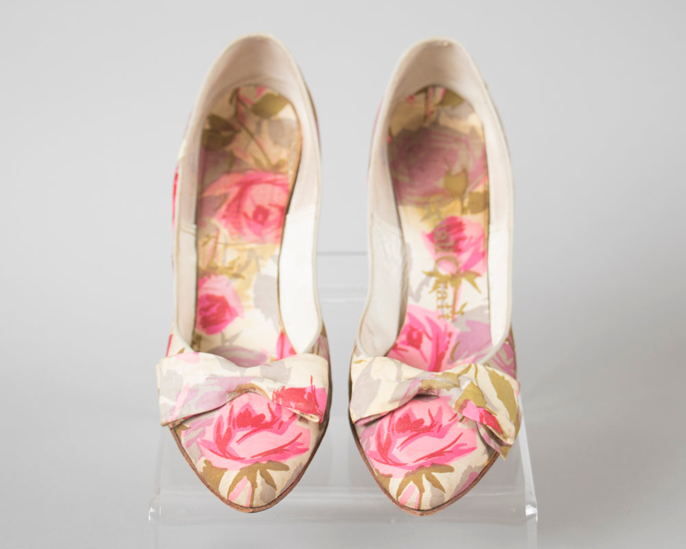 1950s Pink Silk Rose Heels | size 5/5.5