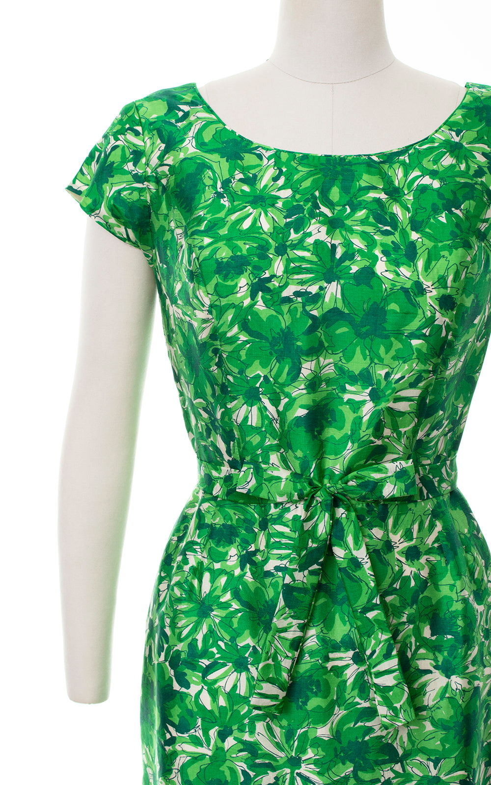 1950s Green Floral Silk Wiggle Dress | medium