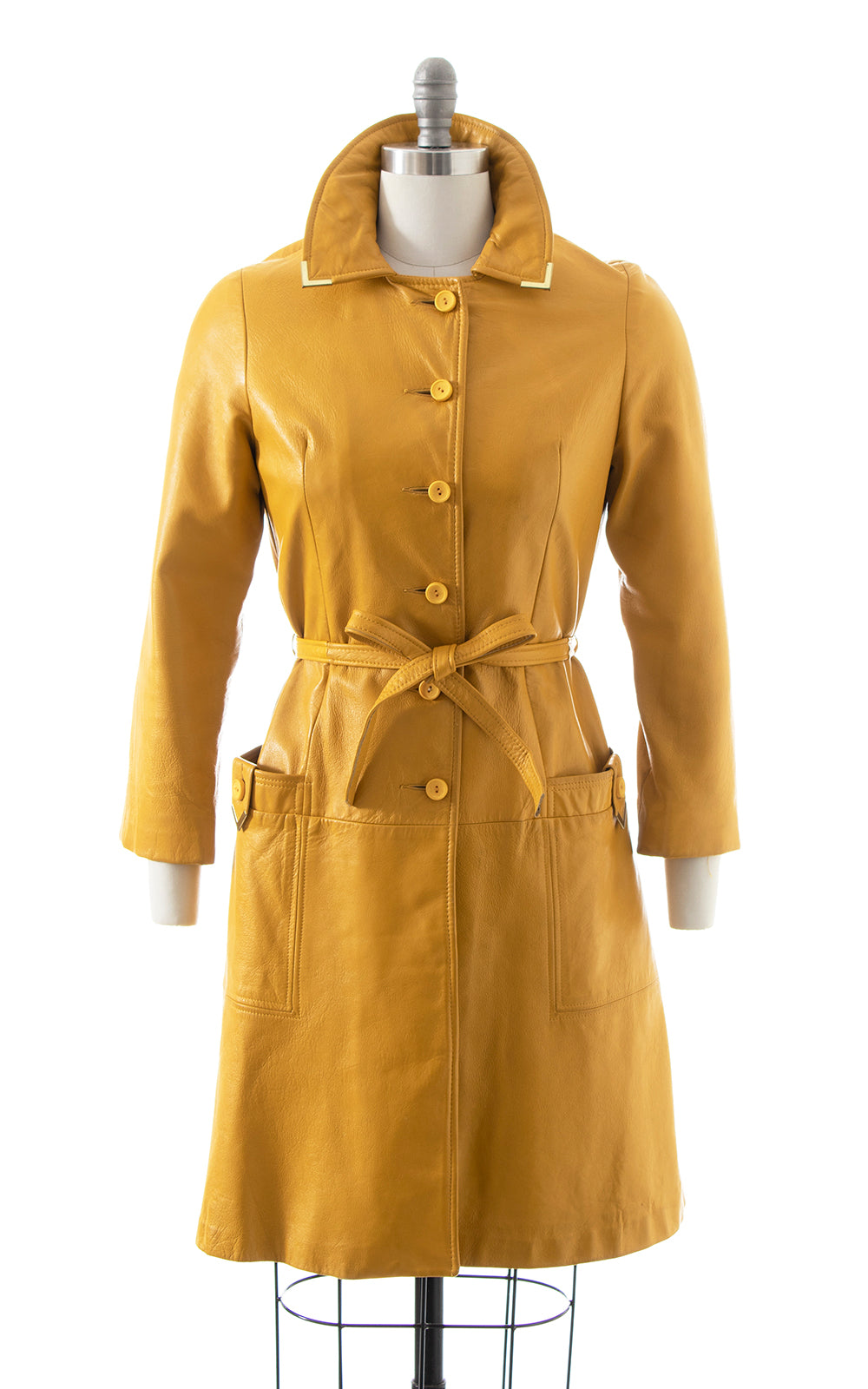 1960s 1970s Mustard Leather Coat with Brass Tips | x-small/small