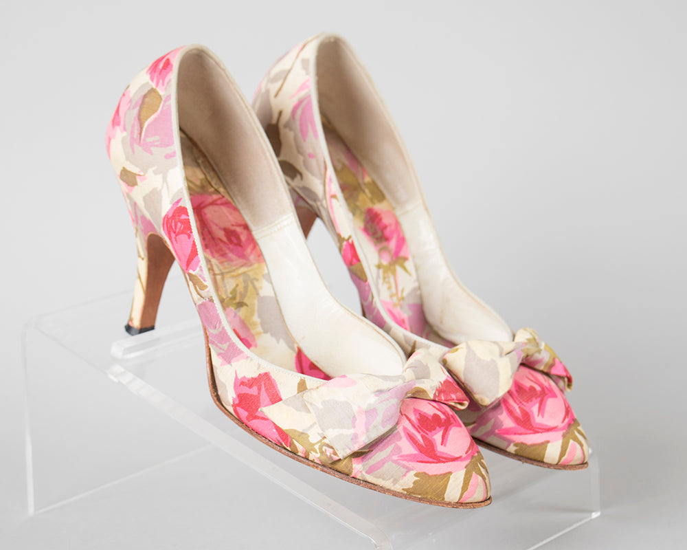 1950s Pink Silk Rose Heels | size 5/5.5