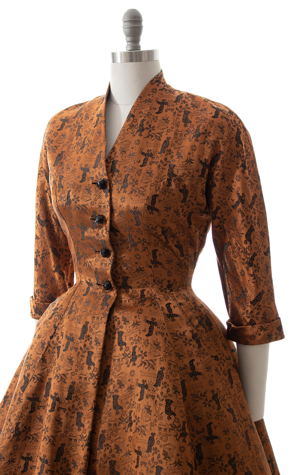 1950s Asian Motif Jacquard Shirt Dress BirthdayLifeVintage