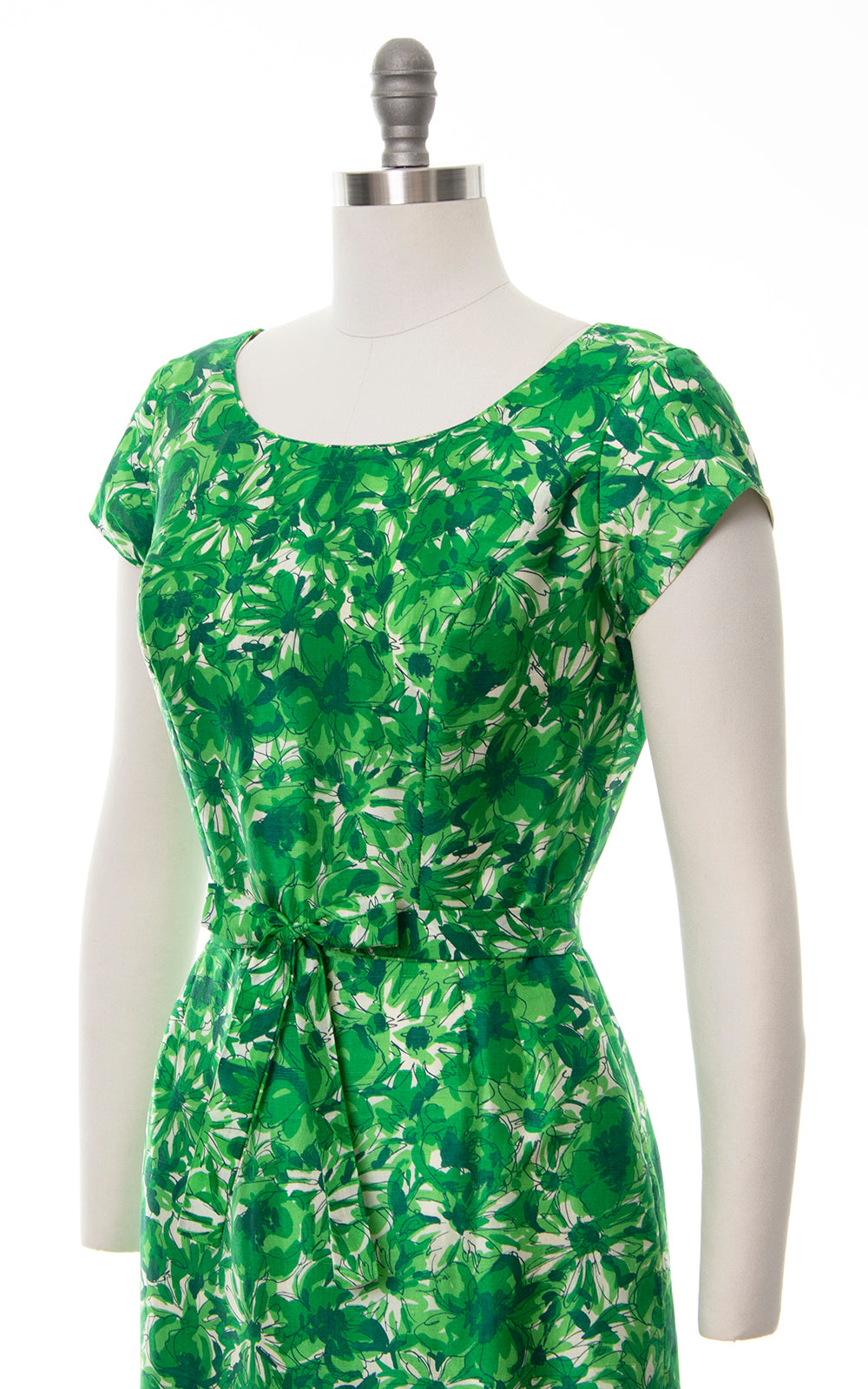 1950s Green Floral Silk Wiggle Dress | medium