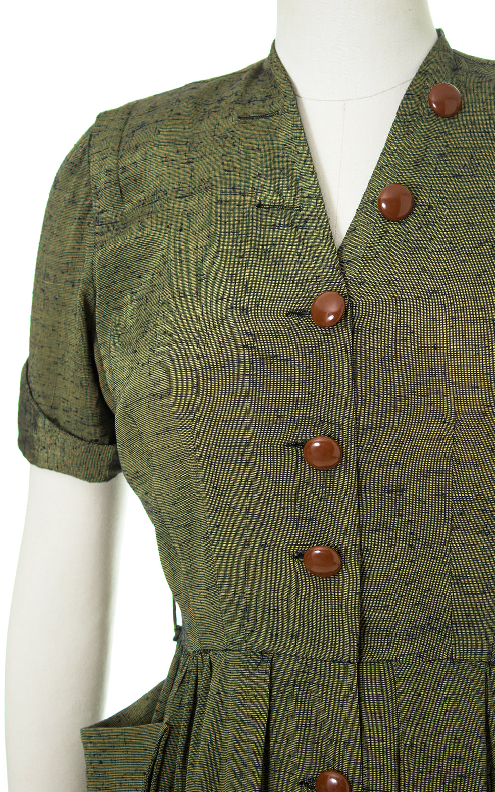 1940s 1950s Green Sharkskin Shirtwaist Dress