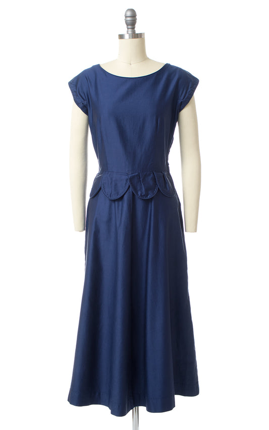 1950s Scalloped Peplum Polished Cotton Dress
