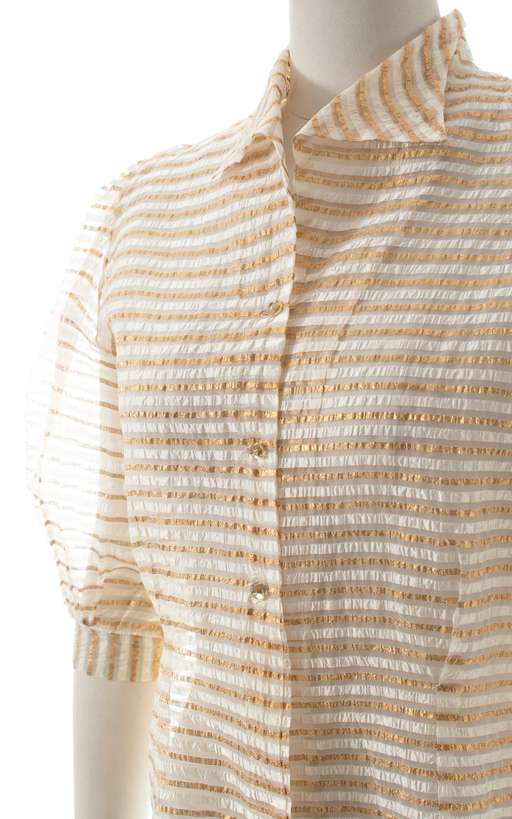 1950s Sheer Gold Striped Balloon Sleeve Blouse | large