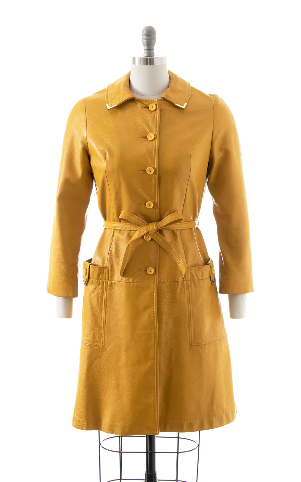 1960s 1970s Mustard Leather Coat with Brass Tips | x-small/small