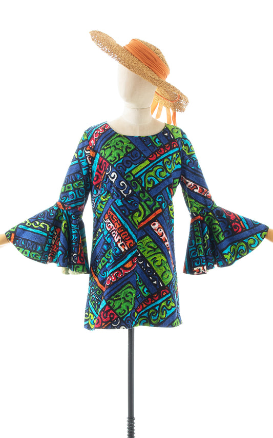 1970s Hawaiian Tiki Circle Sleeve Micro Mini Dress BirthdayLifeVintage