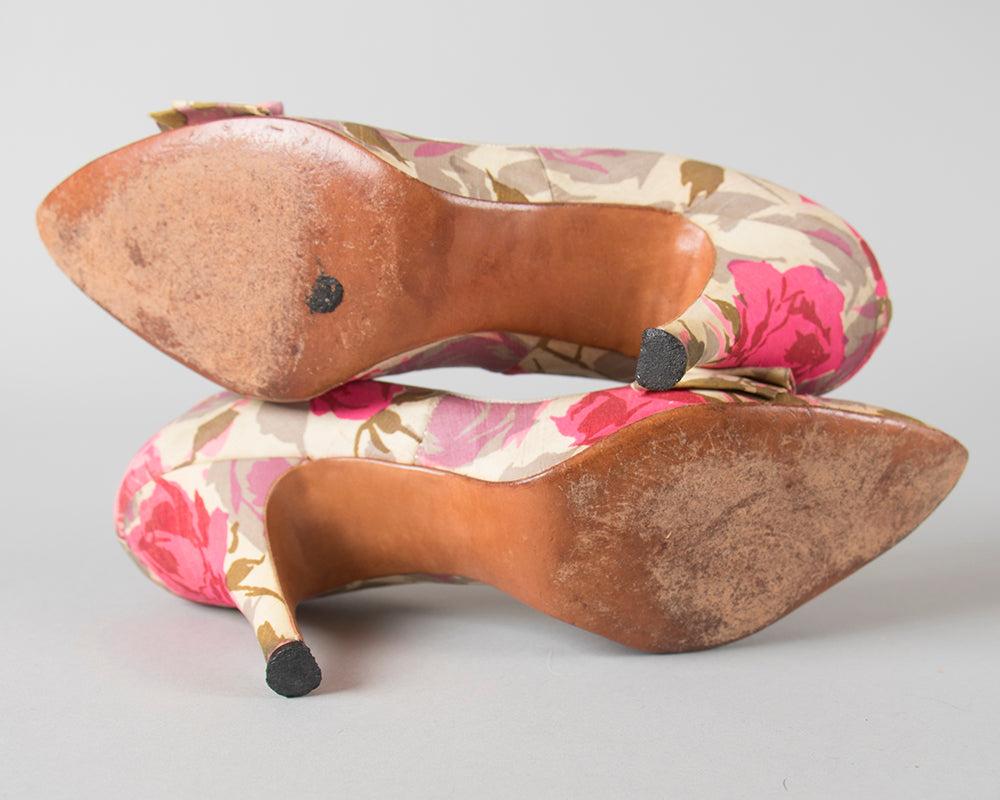 1950s Pink Silk Rose Heels | size 5/5.5