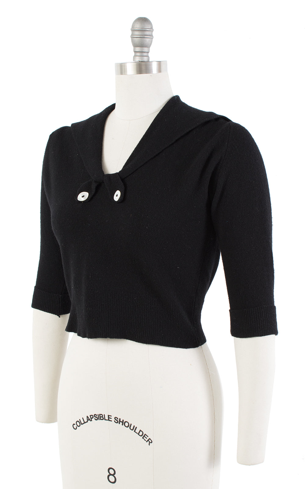 1950s Sailor Collar Knit Black Cropped Wool-Blend Sweater | medium/large