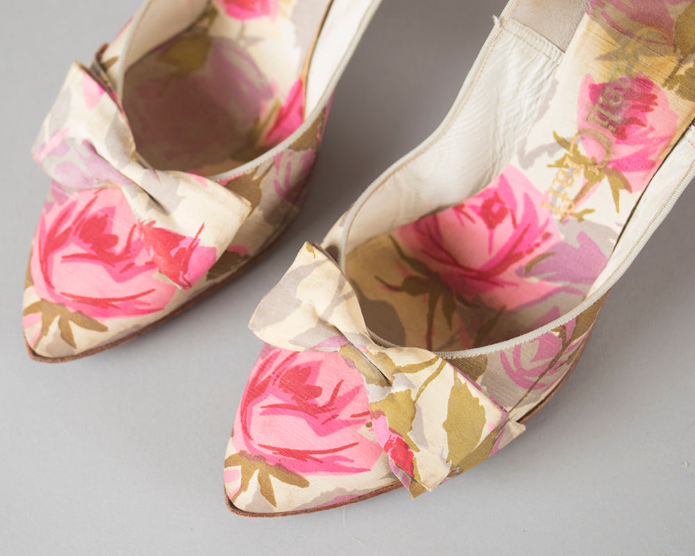 1950s Pink Silk Rose Heels | size 5/5.5