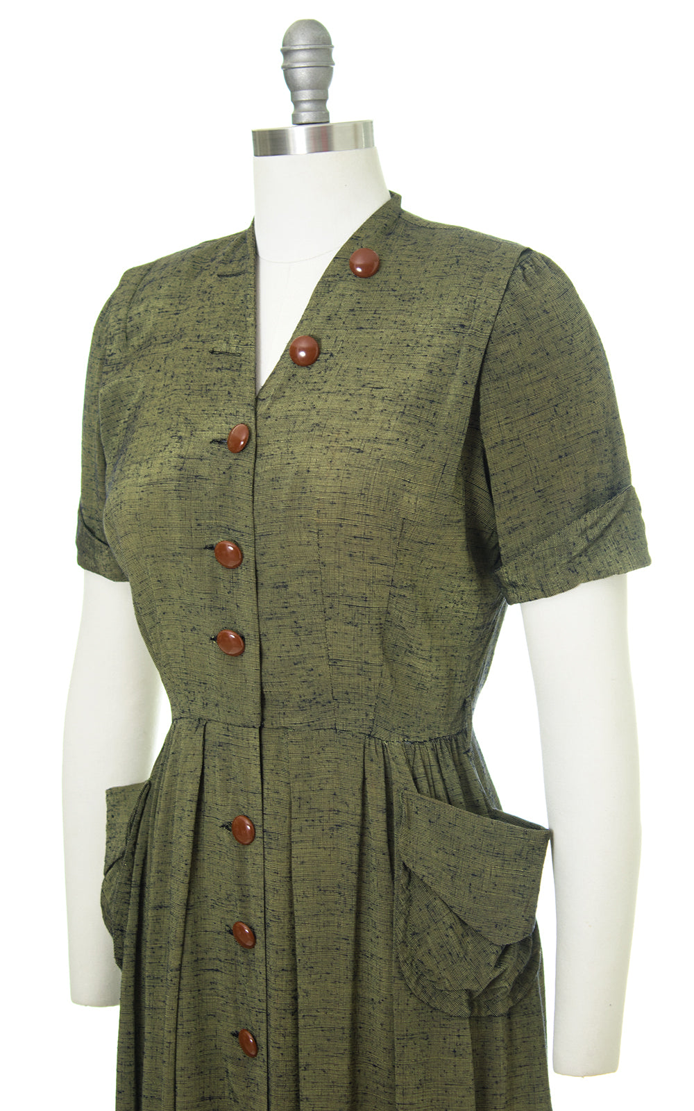 1940s 1950s Green Sharkskin Shirtwaist Dress