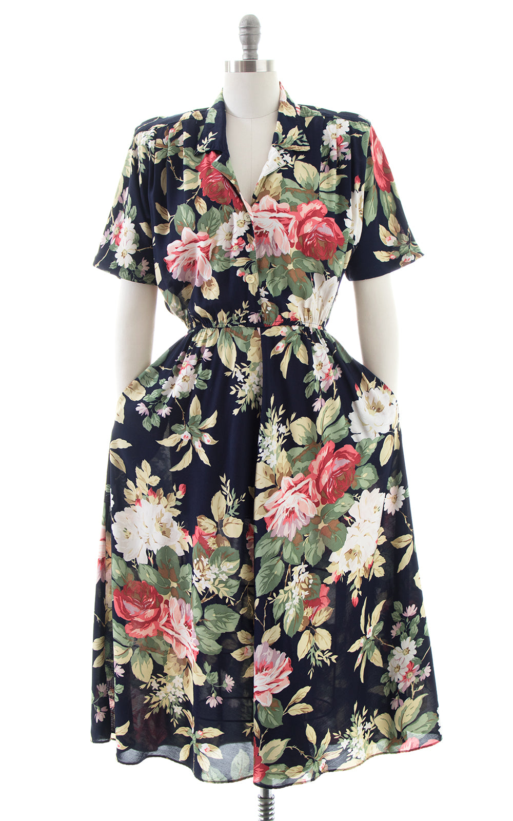 1980s Carol Anderson Rose Print Rayon Shirtwaist Dress with Pockets